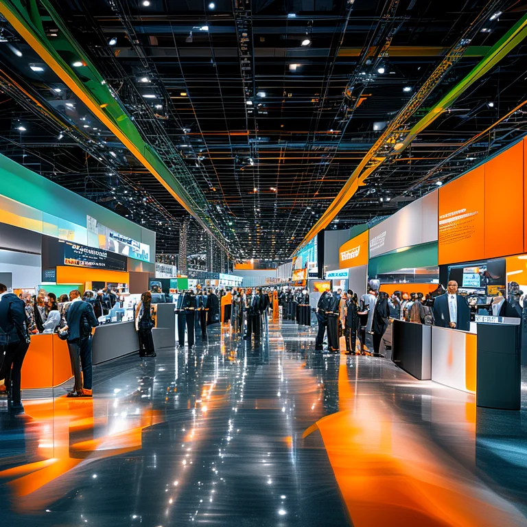 Wide-angle photograph of a bustling B2B trade show floor inside a modern convention centre, where exhibitors at sleek…