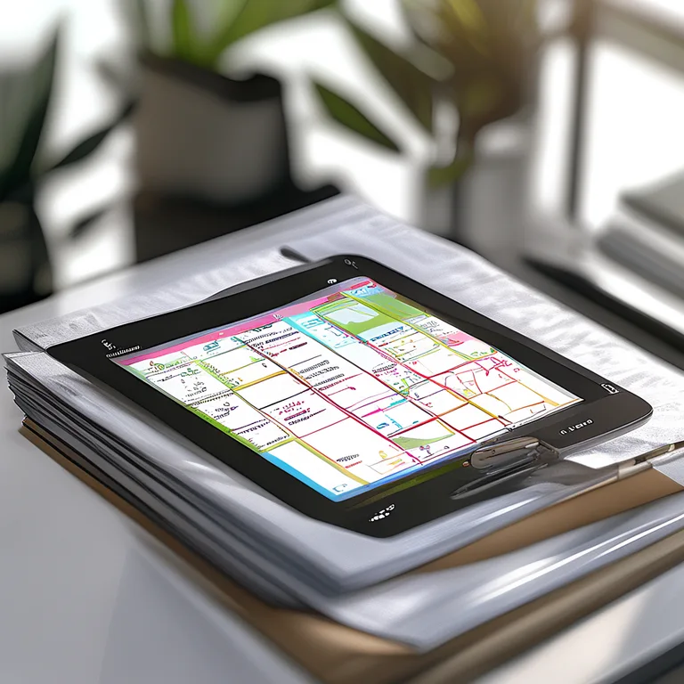 Close-up photograph of an event organiser's tablet screen displaying a digital site planning tool with a colour-coded floor…