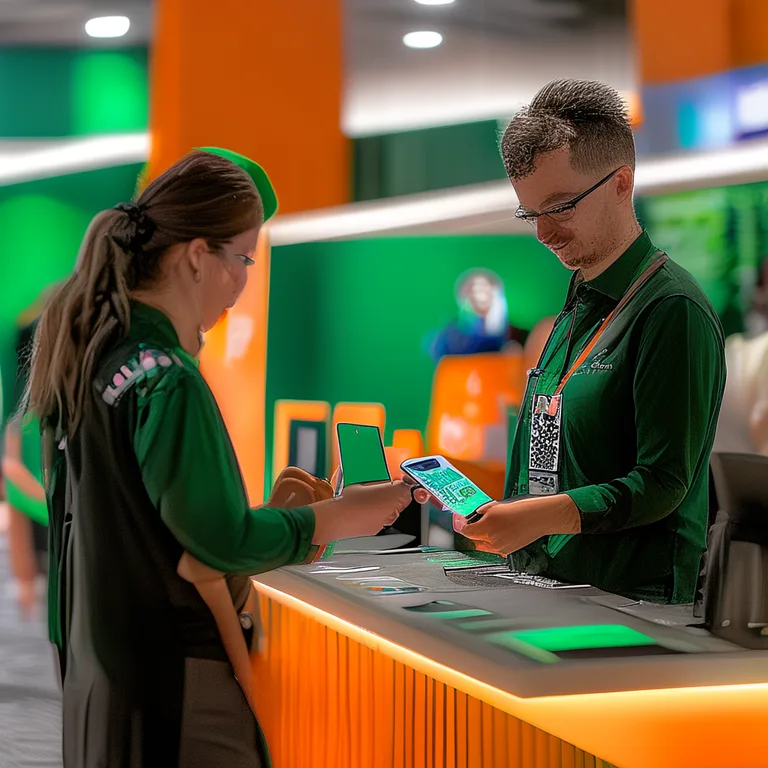 Photograph of an event staff member using a tablet to scan a QR code on an attendee's phone at a B2B conference registration…