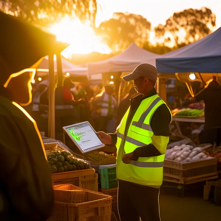 A documentary-style photograph at sunrise showing an Australian farmers market organiser in a bright hi-vis vest standing at…