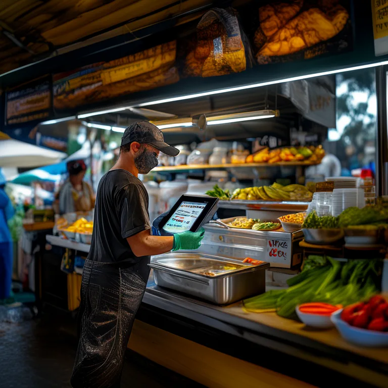 A realistic documentary photograph of a food stall vendor at an Australian market, wearing food-safe gloves and a cap…