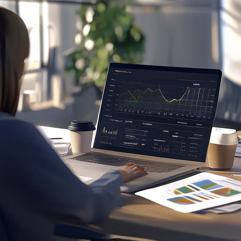 A clean modern office scene in soft daylight where an event organiser sits at a desk reviewing a post-event analytics…