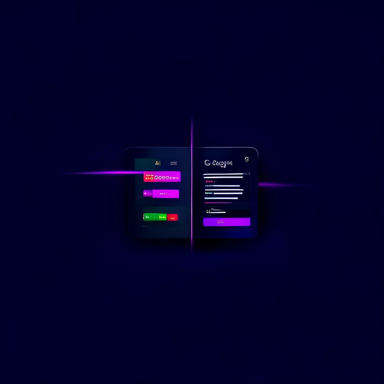 A sleek split-screen SaaS dashboard on a dark navy background, with traditional Google search results on the left and a…