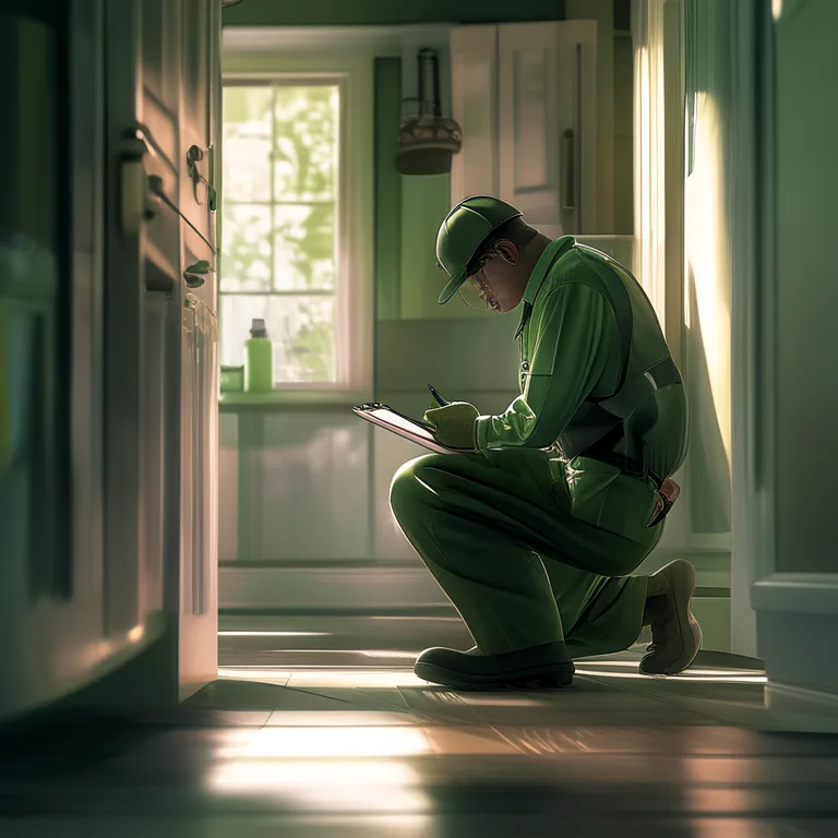 A pest control technician in a crisp, clean uniform kneels to inspect the baseboard of a suburban home kitchen, clipboard in…