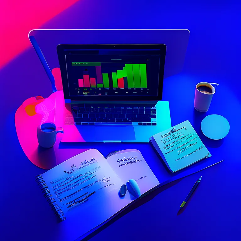 An overhead flat-lay of a modern desk shows a laptop screen displaying a keyword gap analysis dashboard with green and red…