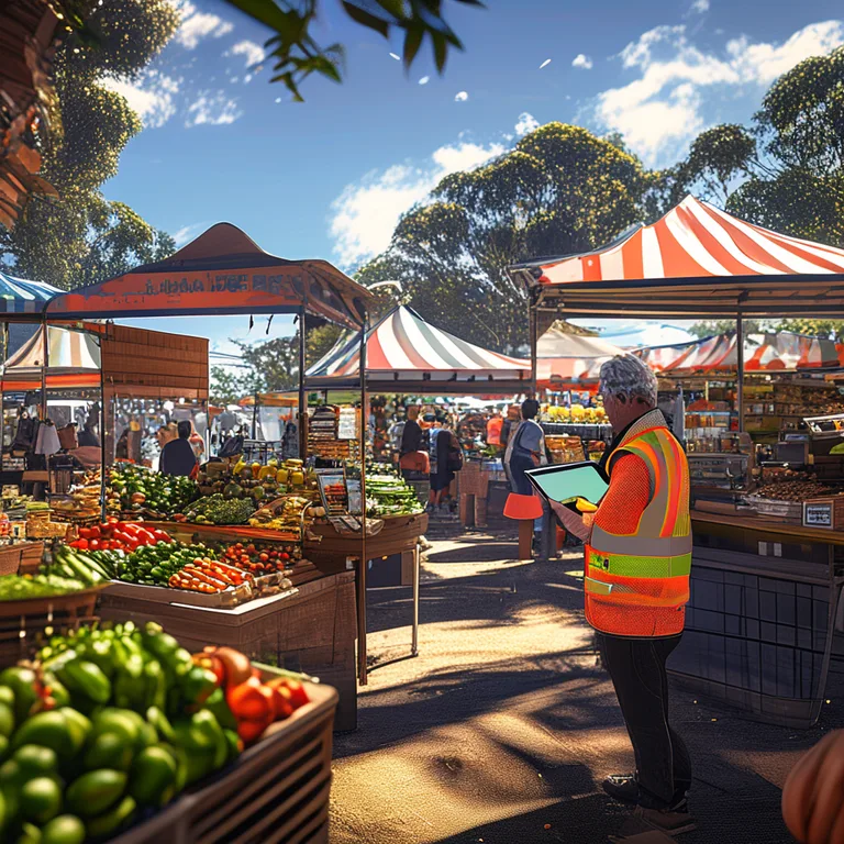 A busy outdoor Australian farmers market on a sunny morning, with a market organiser in a high-vis vest holding a tablet…