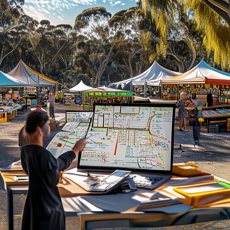 An aerial view of an Australian outdoor market site plan displayed on a laptop screen, showing coloured stall allocations…