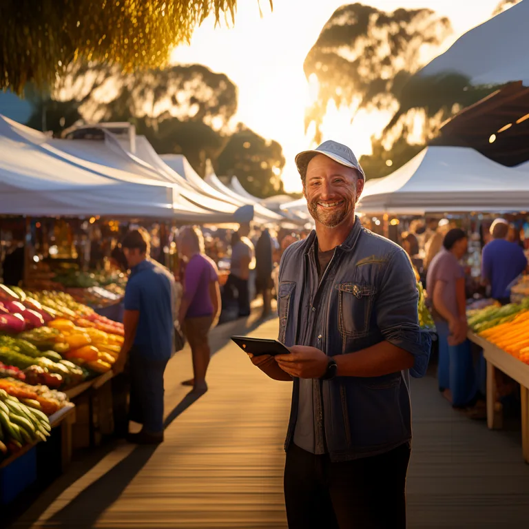 Wide shot of a busy Australian farmers market at golden hour, rows of colourful vendor stalls under white marquees, a…