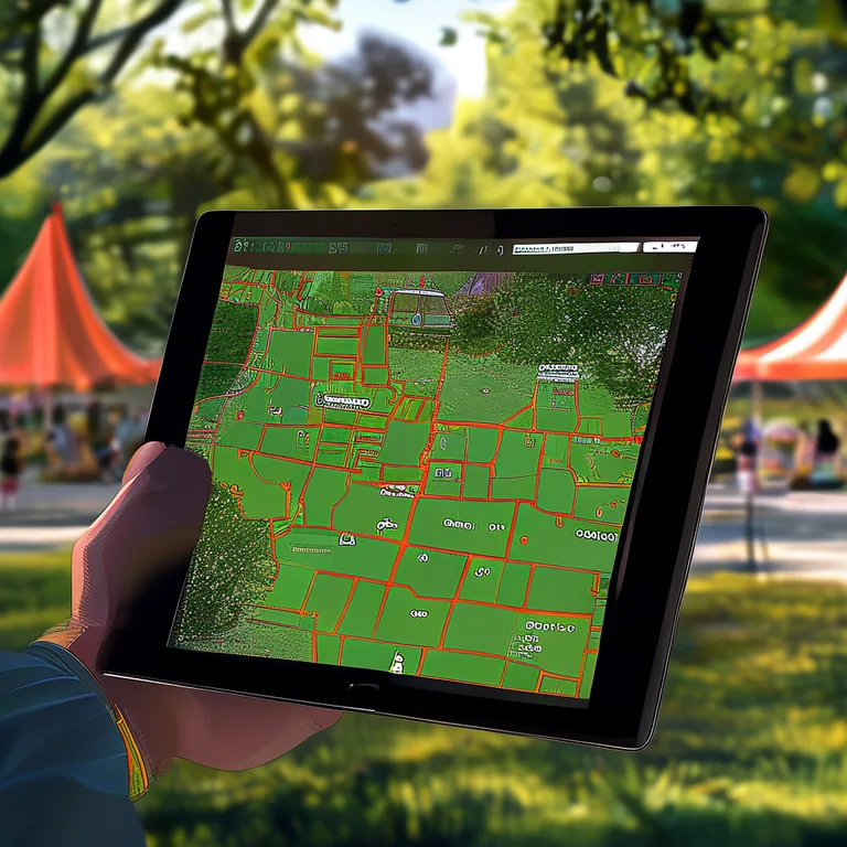 Close-up of a tablet screen displaying a drag-and-drop site planning map for an outdoor market, numbered stall plots in…