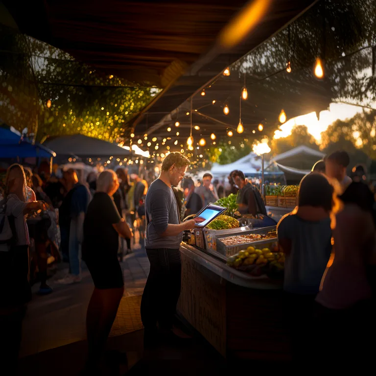 A bustling outdoor Australian farmers market at golden hour, vendor operating a tablet-based point of sale at a food stall…