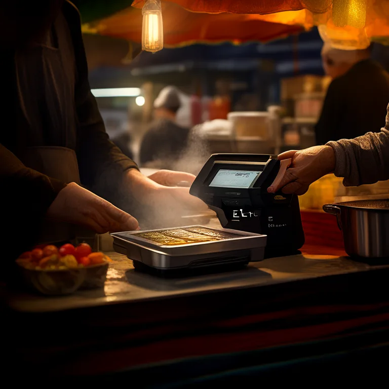 Close-up of a food stall vendor's hands operating a tablet POS with a Zeller EFTPOS terminal beside it, thermal receipt…