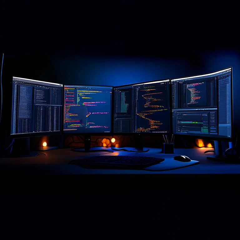 A clean developer workspace at night, dual monitors showing Unity Editor with a documentation panel open beside a C# script…