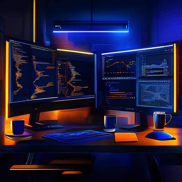 A professional Unity developer workspace with dual monitors. Left monitor shows C# code in Visual Studio with dark theme and…