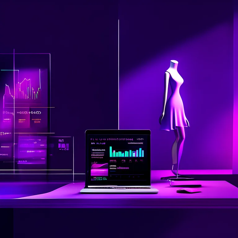 A sleek modern editorial workspace with a laptop displaying a fashion brand's SEO dashboard showing keyword rankings…