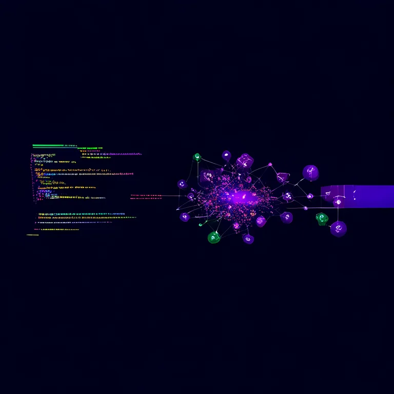 Technical architecture diagram, dark navy #0F172A background. Left: Python code snippet block. Center: LLM node icon. Right…