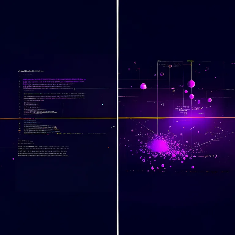 Split-screen data visualization, dark background. Left half: generic AI text in flat gray, slightly blurred. Right half…