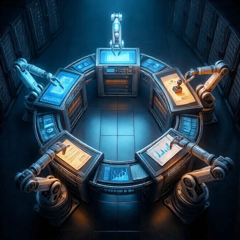 Photorealistic overhead view of a dark server room where five glowing robotic arms form a closed circular pipeline, each…