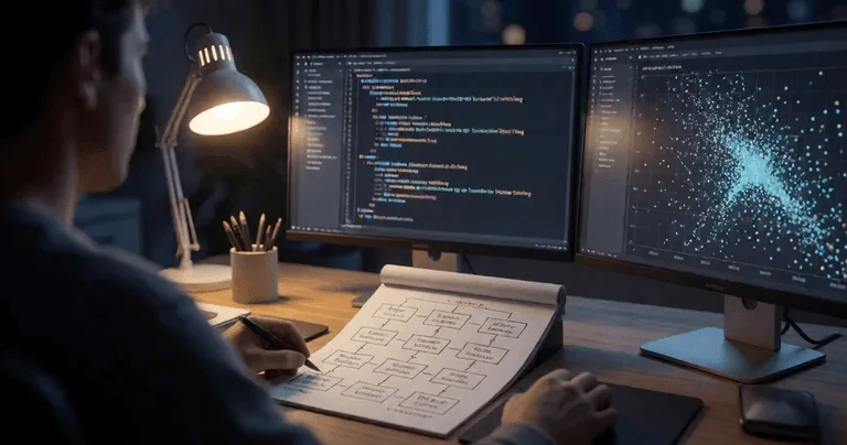 Photorealistic over-the-shoulder view of a developer's desk at night, Python code and vector embedding scatter plots glowing…