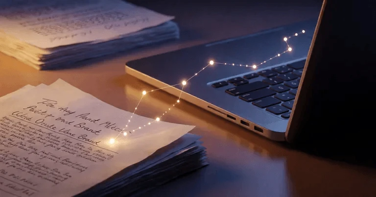 Photorealistic close-up of a writer's desk where a glowing constellation of vector points flows from a stack of handwritten…