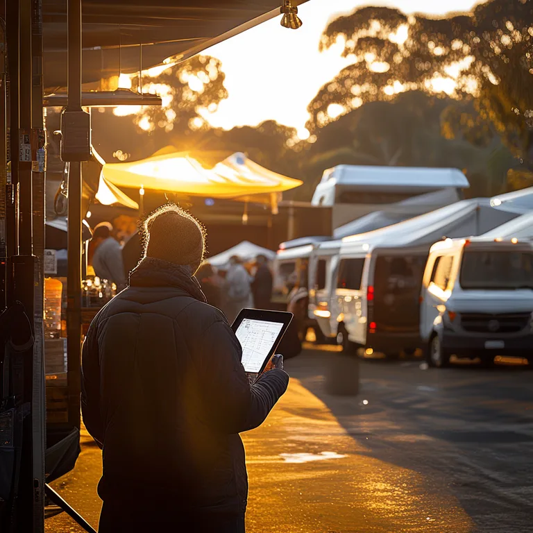 An event organiser standing at a market entrance with a tablet, checking in vendors as they arrive in vans and trailersβ¦