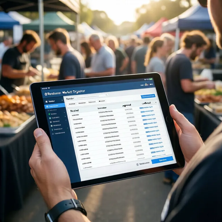 A close-up of a tablet screen showing a vendor application dashboard with status columns (received, under review, approved…