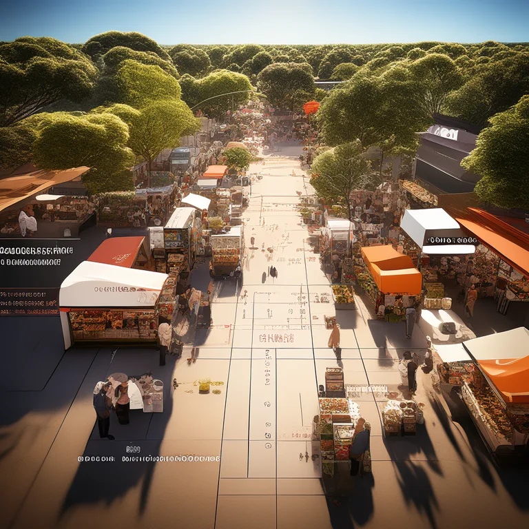 An aerial view of an outdoor Australian market with clearly marked stall sites, food trucks, and walkways, with a digital…