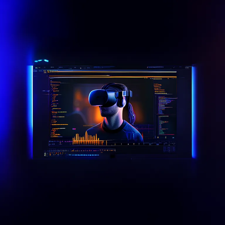 A developer wearing a VR headset in a motion capture studio, with a large monitor behind showing a Unity scene with a…