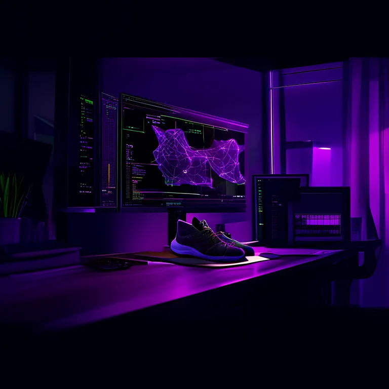 Wide cinematic shot of a modern workspace at dusk. Monitor shows a multi-agent pipeline diagram with purple (#7C3AED) and…