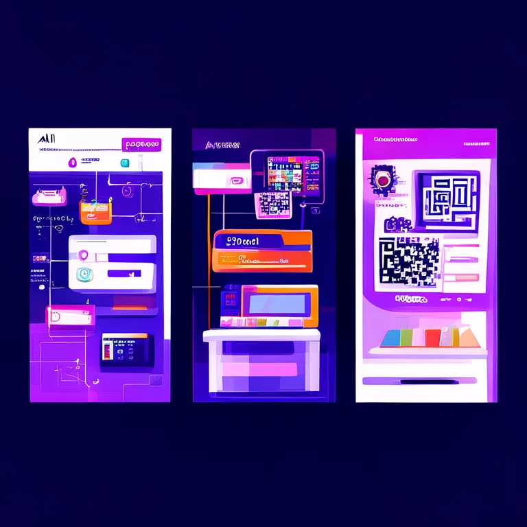 A three-panel flat vector illustration showing three product lines side by side. Panel 1: an AI SEO dashboard with connected…