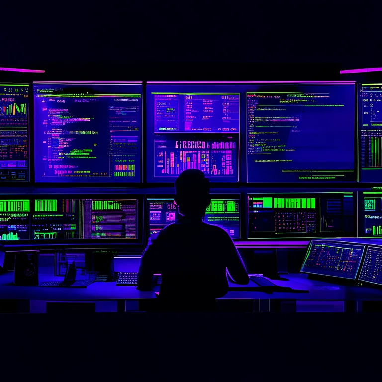 A dark, modern control room with multiple glowing dashboards showing keyword rankings, content pipelines, and AI citation…