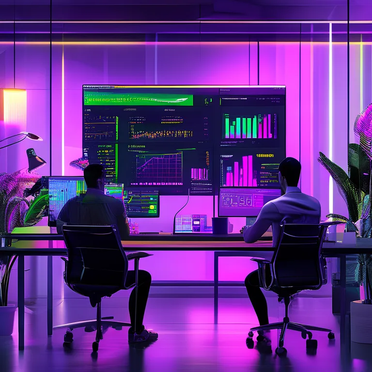A modern startup office with a large monitor displaying an autonomous AI SEO dashboard — competitor rankings, content gap…
