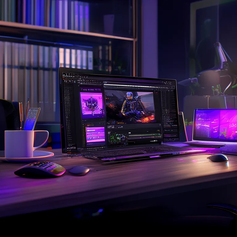 A professional game developer's desk with a high-end laptop displaying the Unity Editor, surrounded by a mechanical…