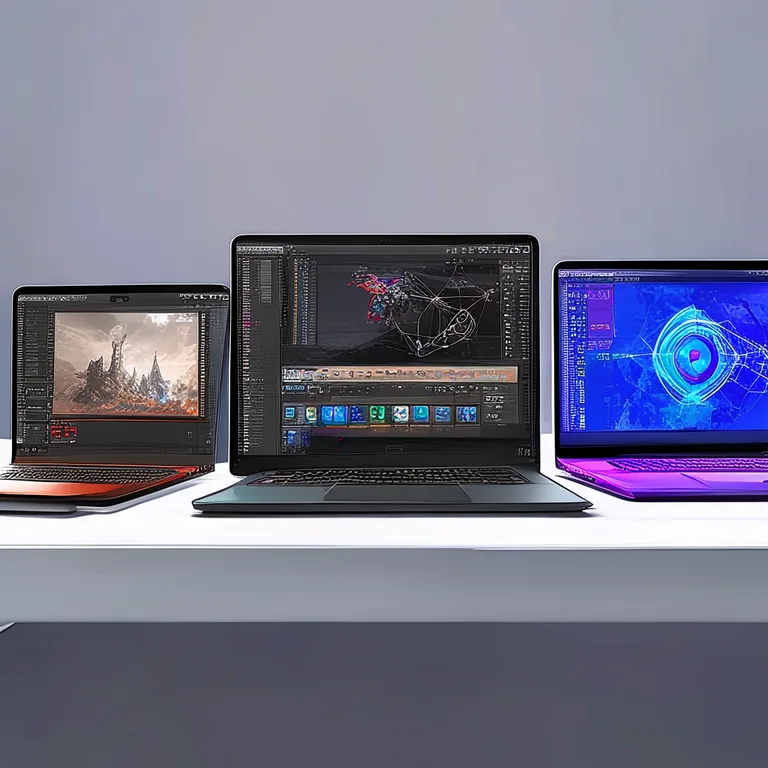 A side-by-side comparison of three high-end laptops on a clean white desk, each running the Unity Editor with different…