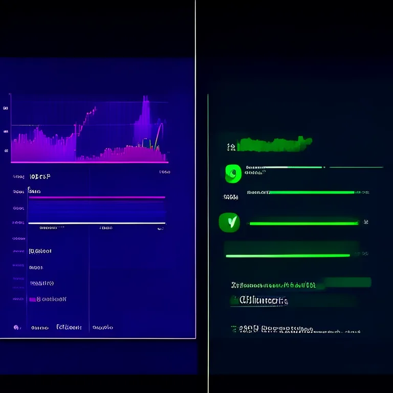 Split-screen digital dashboard UI mockup. Left side: Google Search Console traffic graph showing upward trend line in purple…
