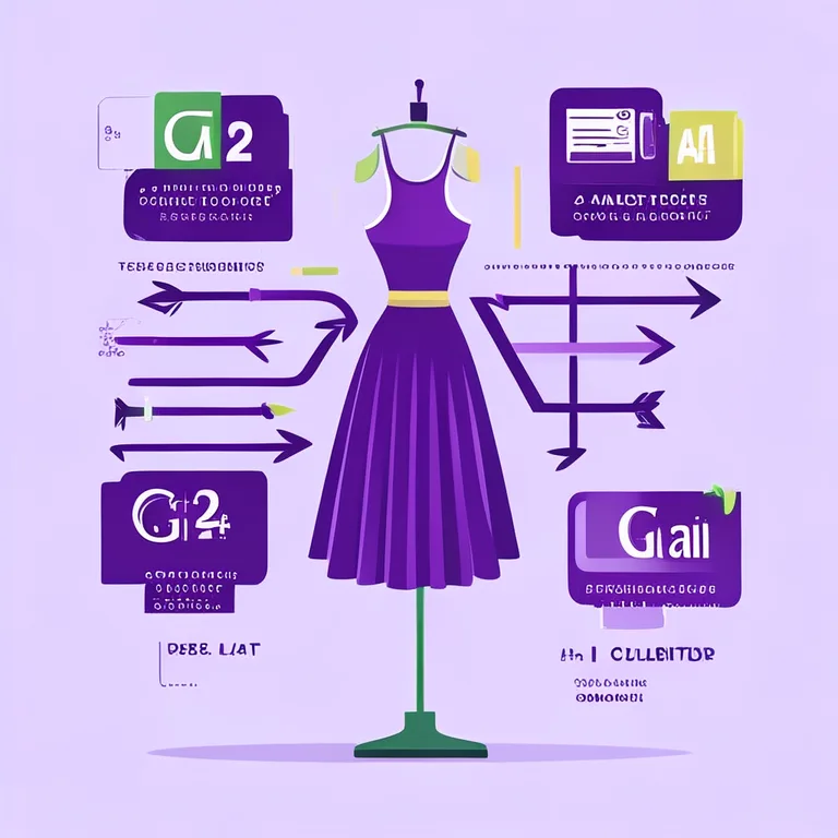 Technical illustration diagram. Center: stylized dress product page with visible content blocks (table, FAQ section, H2…