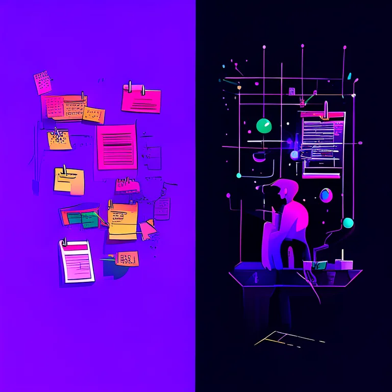 Split-screen editorial illustration: left side shows chaotic manual SEO workflow with sticky notes, spreadsheets, calendar…