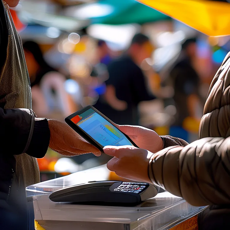 Close-up of a vendor's hands on a tablet running a modern point-of-sale app at an outdoor market stall, a card terminal…