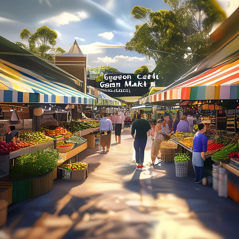 A busy Australian outdoor market on a sunny Saturday morning, stalls with striped awnings, fresh produce, food trucks…