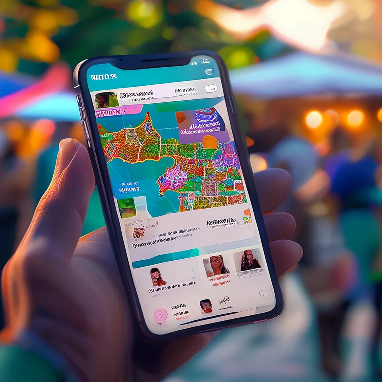 A close-up of a smartphone screen showing an event discovery app interface with a map of Australia, filter buttons for…
