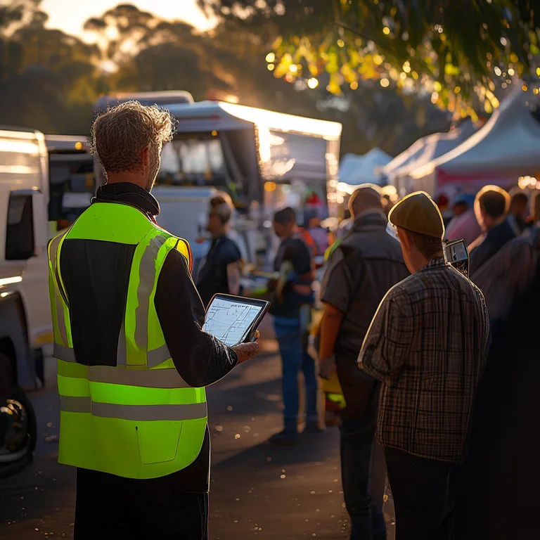 A market organiser in a high-vis vest holding a tablet, checking in vendors at a market entrance, a queue of food trucks and…
