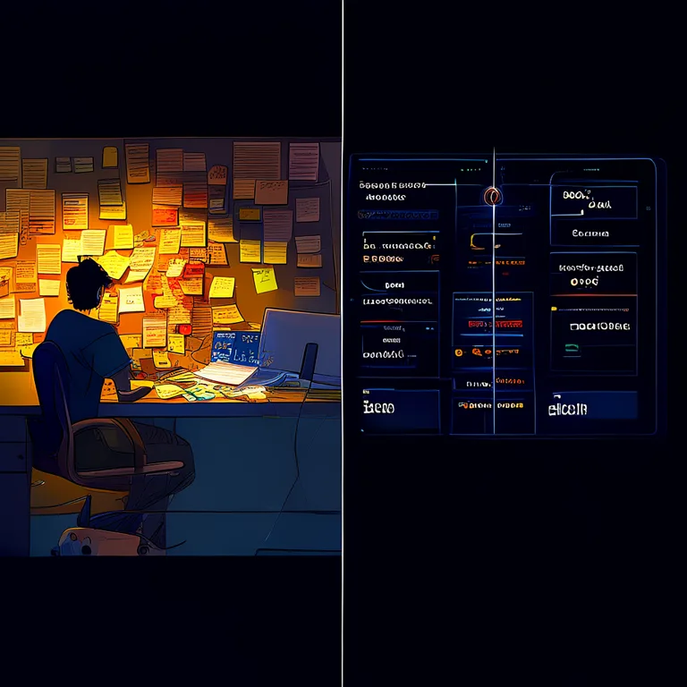 A split-screen editorial illustration. Left side shows a lone human SEO strategist at a cluttered desk covered in sticky…