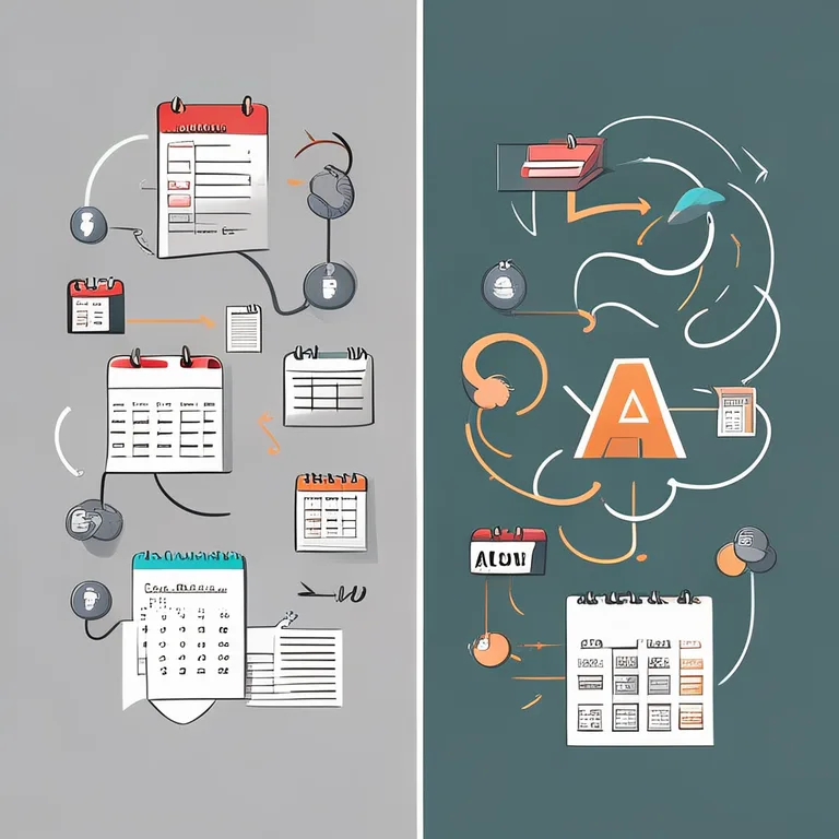 A comparison illustration of two workflow diagrams side by side. Left diagram shows a slow, linear agency process with human…