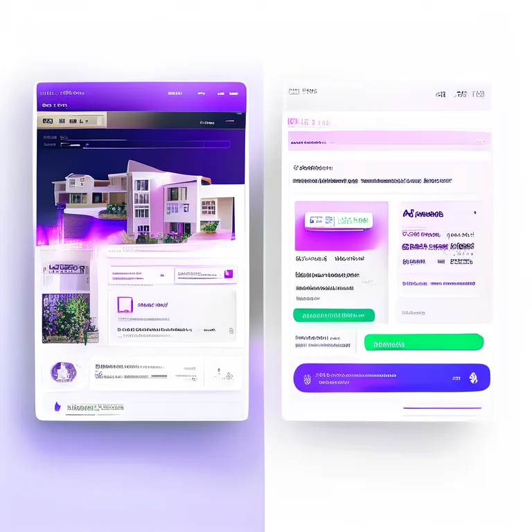 Split-screen dashboard UI mockup. Left side: a modern real estate listing page with property photo, price, beds/baths, and…
