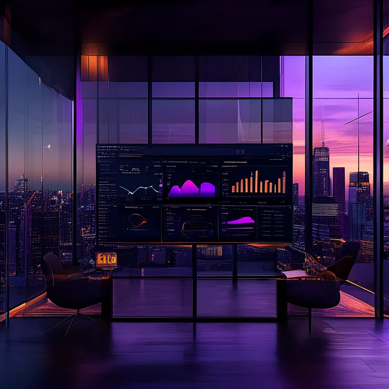 A modern glass-walled luxury real estate office at dusk, floor-to-ceiling windows overlooking a city skyline, a large…