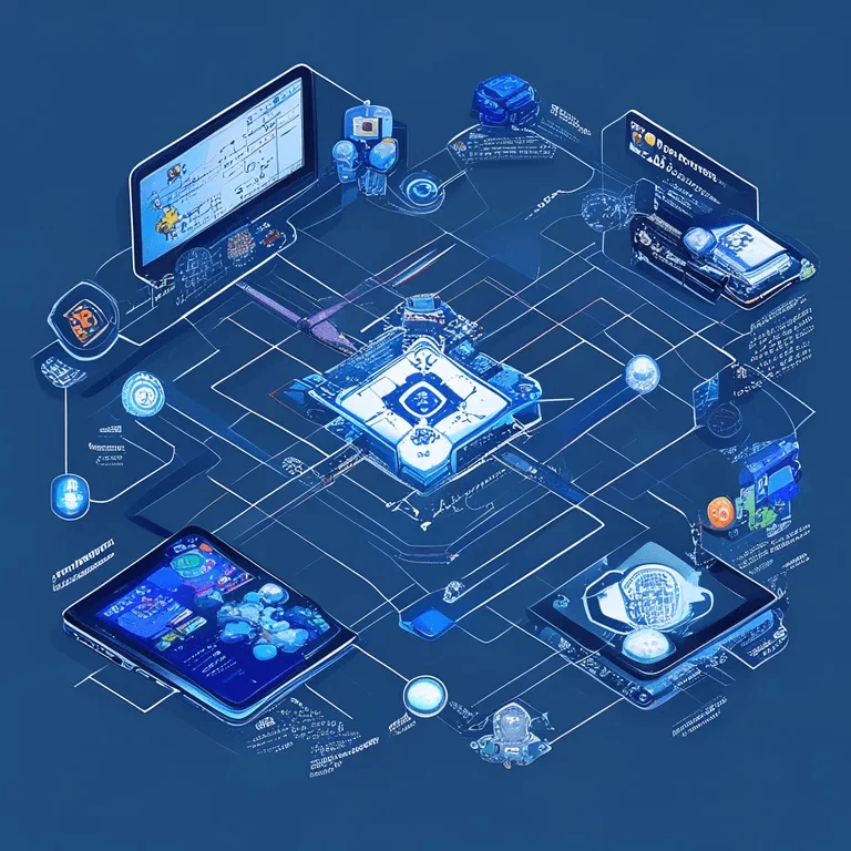 A cross-platform diagram showing a Unity RTS game running on PC, console, and mobile devices, with a central architecture…
