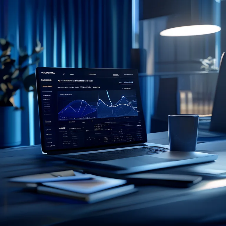 A modern, minimal marketing workspace at dusk. A laptop screen displays a dashboard with competitor keyword graphs, content…