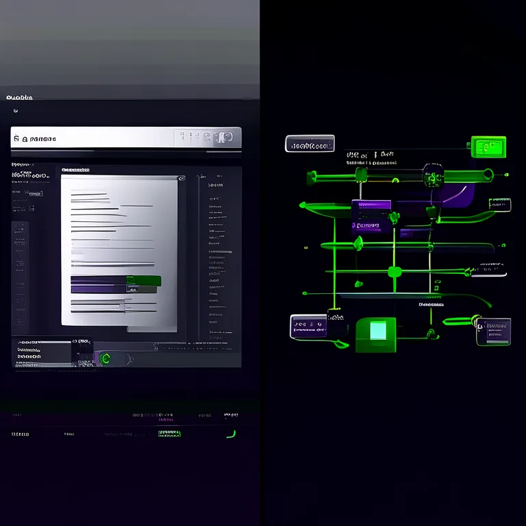 Split-screen dashboard comparison. Left side: generic AI writing tool with blank document and spinning cursor, gray tones…