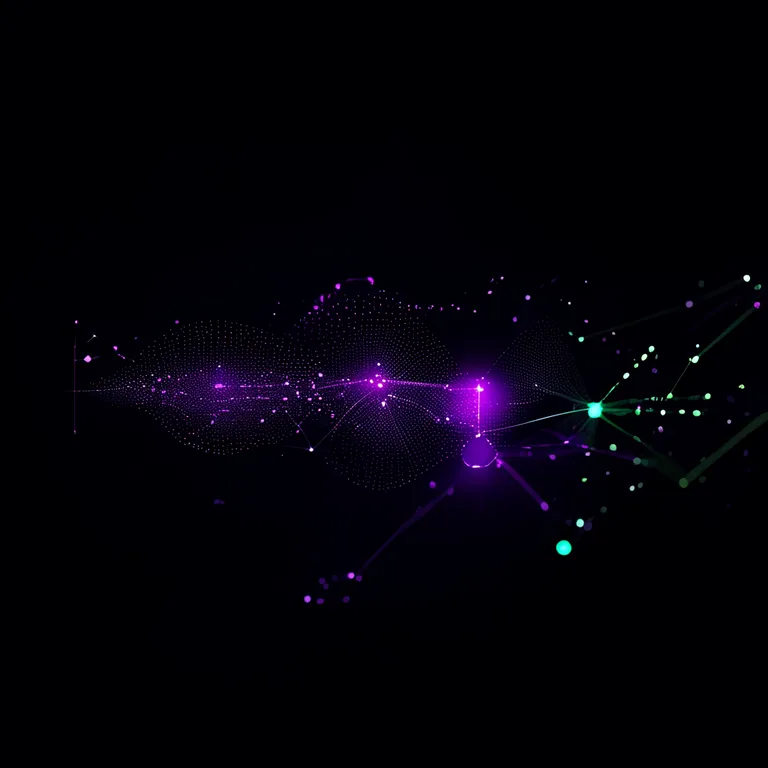 Data science visualization of vector embeddings showing brand voice clusters as glowing nodes in purple (#7C3AED) and green…