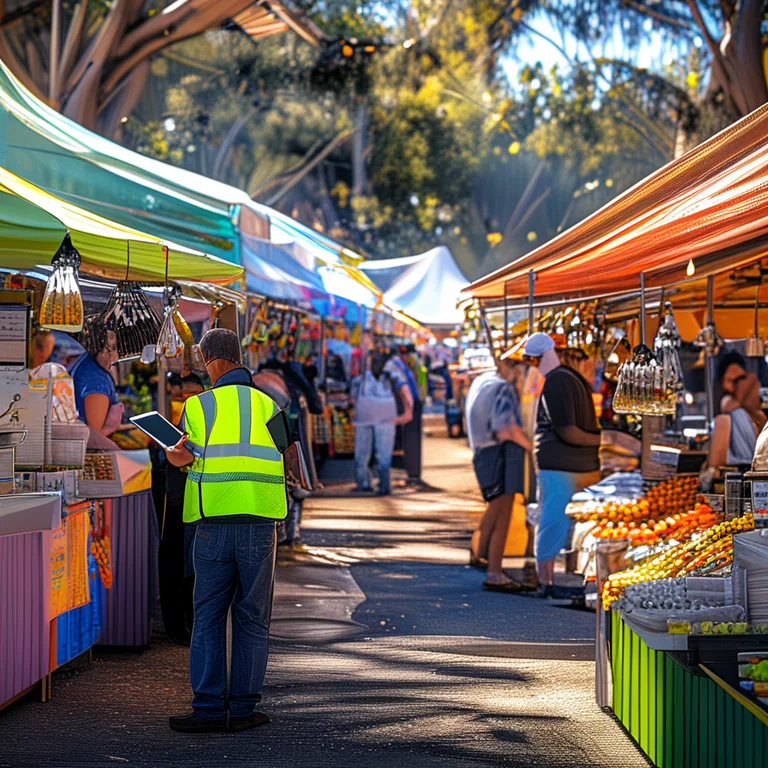 A bustling Australian outdoor market on a sunny Saturday morning, rows of colourful stall tents, a market organiser in a…