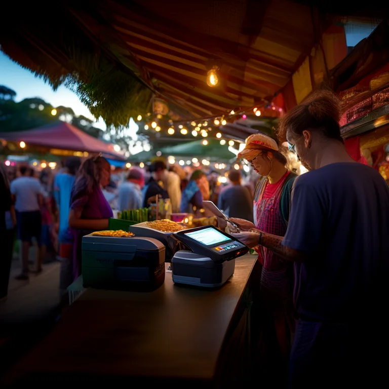 A food vendor at an Australian night market using a tablet-based point of sale system on a stall counter, a Bluetooth…